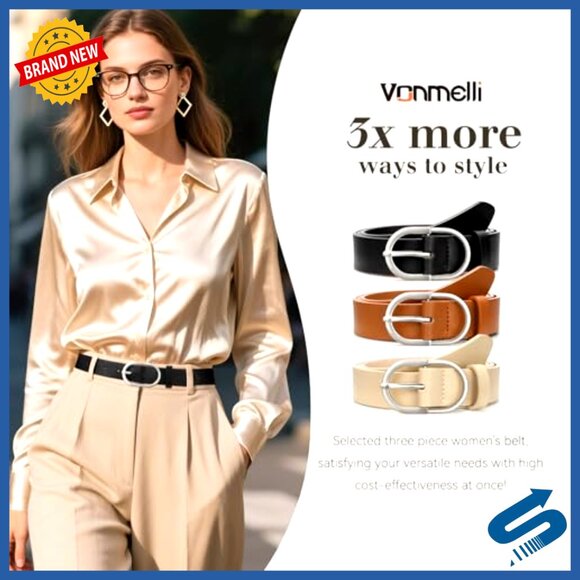3 Pack Faux Leather Belts Gold Buckle Women\'s Dress Casual Size M main image 5